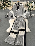 American Fashion Senior Suits Bow Collar Batwing Sleeve Top+Pleated Long Pant 2023 Women Casual Loose Printed