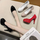 Zingj High Heel Fashion Women's Shoes Waterproof Platform Painted Leather Round Head Large Size Working Women's Singles Shoes- Outfit