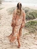 Queens Women Pink Floral Print Beach Bohemian Kimono Ladies V Neck Batwing Sleeves Maxi Robe Summer Boho Bikini