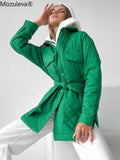 plaid Quilted Jacket Women Loose Thin Puffer Parkas Coat Vintage Belted Outwear Autumn Winter Ladies Oversize