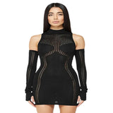 Zingj Women's Autumn Dress Sexy Perspective Tight Round Collar Stitching Long Sleeves Wrapped Buttock Short Skirt-Outfit