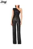 Women Elegant Long Jumpsuits Slanted Collar Party 2023 Sexy Glitter Sequin Club Playsuits Fashion Backless Solid