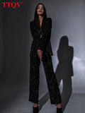 Fashion Black Glitter Women Two Piece Outfits 2022 Elegant Loose Long Sleeve Tops And High Waisted Trousers Female