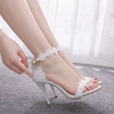 Cm High-Heeled Sandals Bridesmaid Wedding Buckle Lace Flowers Fine Fish Mouth Roman