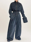 Overalls Style 2025 Fall Lapel, Long-Sleeve Jacket, High Waist, Large Pocket, Wide-Leg Pants, Denim