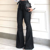 Women Denim Tie Waist Flare Jeans Boyfriend Jeans Ladies High Waist Skinny Bell Bottom Jeans Pants Autumn Wide Leg Jeans