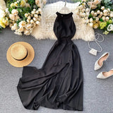 Summer Spring Elegant Knitted Halter Solid Sleeveless Vivid Color Women Female A-line High Waist Long
