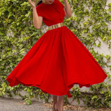 Female Party Big Hem Dress Elegant Women Short Sleeve Crew Neck A-Line Dress Chic Summer Buttoned-up Waisted Long