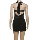 Black Mesh Halter Cut Out Slit Mini Dress-Outfit