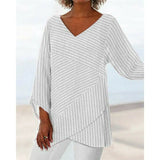 Elegant Striped Cross Criss Blouse Casual Long Sleeve V Neck Linen Baggy Shirt Vintage Linen Tunic Tops