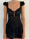 Women Lace Floral Short Mini Dress Vintage V-neck Buttons Up Slim Fit Summer Solid A-Line Dress Y2K Vestidos