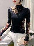New Long Sleeve T-shirt For Women Floral Turtleneck High Stretch Slim TShirts Located Printing Mesh Tops