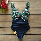 Sexy One Piece Swimsuit Female Swimwear Women Print Floral Bandage Shoulder Ruffle Brazilian Backless