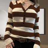 Striped Button Up Ribbed Knit Top-Outfit