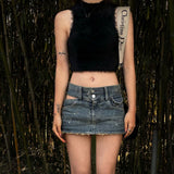 New Women's Chic Fashion Explosion Sweet Cool Hot Girl Sexy Hollow Cut Low Waist Denim Zipper Flying Girl Short Skirt