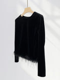 Zingj Pull Full Feather Decorative Atmosphere Top Early Spring New Black Velvet French Long-Sleeve