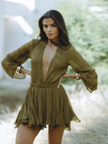 Printed Deep V Flare Sleeve Shirt Suits Women Sexy Short Pleated Mini Skirt Set Summer Beach Vacation Street Casual