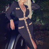 Single Breasted Vintage Dress Spring Autumn Elegant Houndstooth Bodycon Party Dress Fashion Long Sleeve Women Sexy