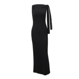 Zingj Summer New Sexy Royal Sister Queen Aura Inclined Shoulder Ribbon Slim Temperament Elegant Dress Female- Outfit