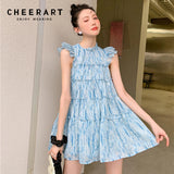 Tie Dye Chiffon Sleeveless Blue Summer Babydoll Dress 2021 Bow Tie Ruffle Korean Fashion Mini A Line Dress