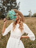 Elegant Embroidered Lace Dress White Female Splicing Dress Floral Hollow Out Loose Casual Party