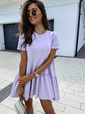2020 Summer New Fashion Sexy O Neck Women's Dress Casual Loose Solid Short Sleeve Ruffle Patchwork Ladies Dresses