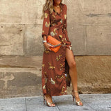 Autumn Lapel Long Sleeve Loose Print Shirt Dress Fashion Ladies Office Long Dress Elegant Tie-up Waisted Button Maxi