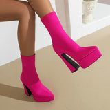 Fashion Women Ankle Boots Stretch Fabric Platform Square High Heel Punk Boots Pointed Toe Autumn Winter Ladies