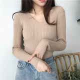 Autumn V Neck Sweater Knitted Fashion Sweaters 2021 Slim Winter Tops For Women Pullover Jumper Pull Femme Truien