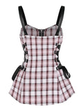 Lace Up Plaid Front Zipper Tank Top Lacing Flared Camis Button Tops 2022