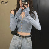 Sleeve Cardigans Women Korean Style Leisure Slim Female Cropped Tops All-match Slash Neck Sexy Single Breasted Fashion