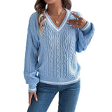 Autumn And Winter New College Style V-Necked Lantern Long-Sleeved Sweater Women's