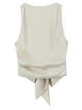 Women Fashion With Bow Solid Pleated Backless Cropped Tank Tops Vintage O-Neck Sleeveless Female Chic Lady