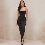 Satin Draped Tube Bodycon Maxi Dress-Outfit