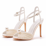 Mouth High Heel Sandals 10 Cm White Pearl High Heel Women Sandals Banquet Wedding Dress Wedding Dress Bridal