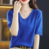 Zingj 2024 New Short-Sleeved Sweater Women's T-Shirt Solid Color V-Neck Short-Sleeved Bottom Shirt Top Thin Style A Hair-Outfit