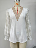 Zingj New Autumn / Winter 2024 Women's V-Neck Lace Stitching Hollow-Out Long Sleeve Loose Jacket T-Shirt-Outfit