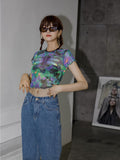 Dragonfly Tie Dye Mesh Crop Top Women Summer T Shirt Short Sleeve Tshirt Gothic Tee Fashion Tops Aesthetic
