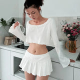 White Long Sleeve Crop Top And Micro Pleated Mini Skirt Set-Outfit