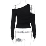 Black Asymmetrical Cut Out Off Shoulder Long Sleeve Top- Outfit