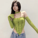 Shoulder Long Sleeve Top Tee Shirt Femme Y2K Clothes Green Tops Mujer T-shirt Black Sexy Funny T Shirts Women