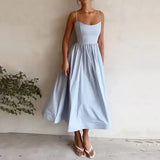 Women's New 2025 Spring Dress Solid Color Sexy U-Neck Waist Folding Sling