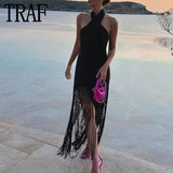 Black Backless Dress Woman Fringed Halter Sexy Party Dress Women Summer Off Shoulder Midi Dresses Evening Dresses For