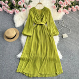 Zingj And Summer New Light Mature Temperament French Socialite Long Sleeve Waist Show Thin Dress Female Waist Pleated V Neck