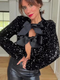 Women Rose Red Sequin Short Dress Fashion Long Sleeve Back Hollow Out Bowknot Dresses 2023 New Year Christmas Evening
