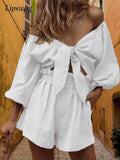 Sexy Lace-up Tops And Shorts Outfits Women Fashion Solid Two Piece Sets 2022 Spring Summer Casual Loose Suits For
