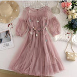 Summer Autumn Women Long A-Line Dress Sweet Floral Butterfly Lace Dress Female Short Sleeve Mesh Dress Vestidos
