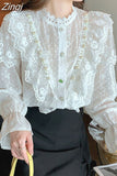 Vintage Sweet Lace Chiffon Blouse 2023 Autumn Beaded Lace Collar Shirt Lady Long Sleeve Ruffle Blusas Tops Mujer