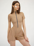 Autumn Sexy Bodycon Playsuit Women Outfits O Neck Short Sleeve Zipper Bodysuit Female Elegant Slim Playsuits