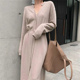 Vintage Women Knitted Dress Autumn Winter Brief V-neck Warm Drawstring Lace-up Loose Midi Female Sweater